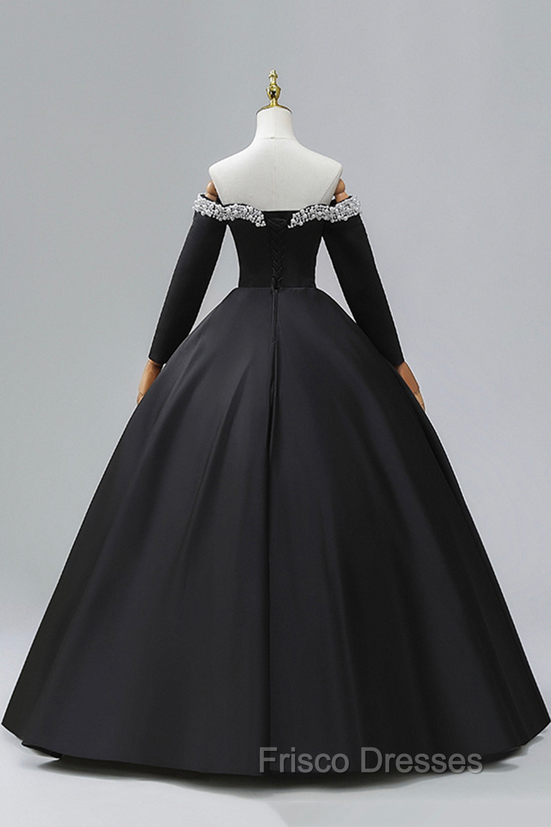 Black Off the Shoulder Pearls Long Sleeve Formal Prom Dress, A-Line Evening Party Dress with Slit