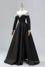 Black Off the Shoulder Pearls Long Sleeve Formal Prom Dress, A-Line Evening Party Dress with Slit