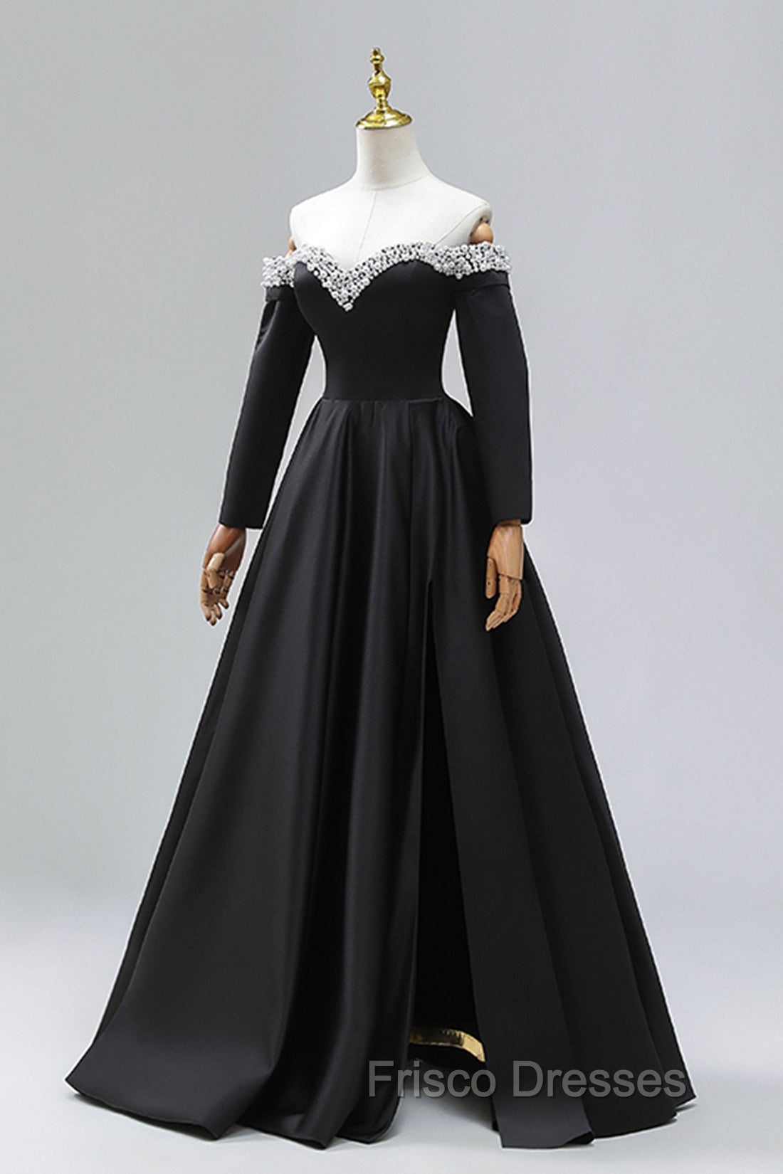 Black Off the Shoulder Pearls Long Sleeve Formal Prom Dress, A-Line Evening Party Dress with Slit