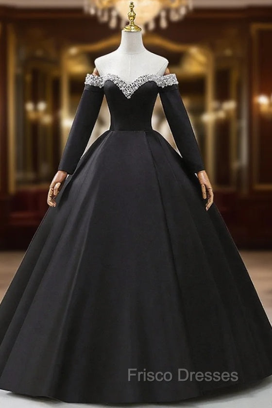 Black Off the Shoulder Pearls Long Sleeve Formal Prom Dress, A-Line Evening Party Dress with Slit Main image