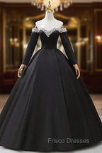 Black Off the Shoulder Pearls Long Sleeve Formal Prom Dress, A-Line Evening Party Dress with Slit
