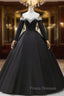 Black Off the Shoulder Pearls Long Sleeve Formal Prom Dress, A-Line Evening Party Dress with Slit