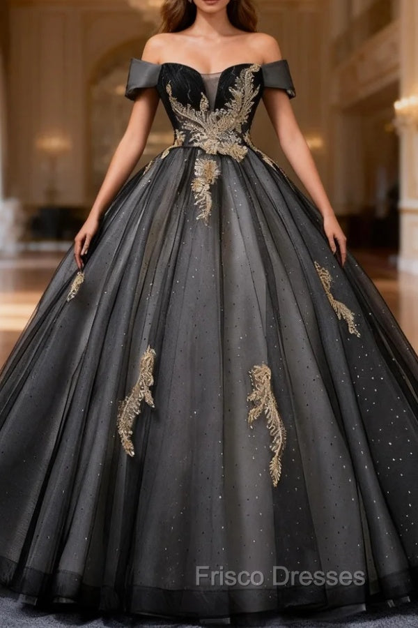 Black Off the Shoulder Sequins Appliques Quinceanera Dress