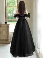 Black Off The Shoulder Velvet And Tulle Long Prom Dress, A-Line Black Evening Dress