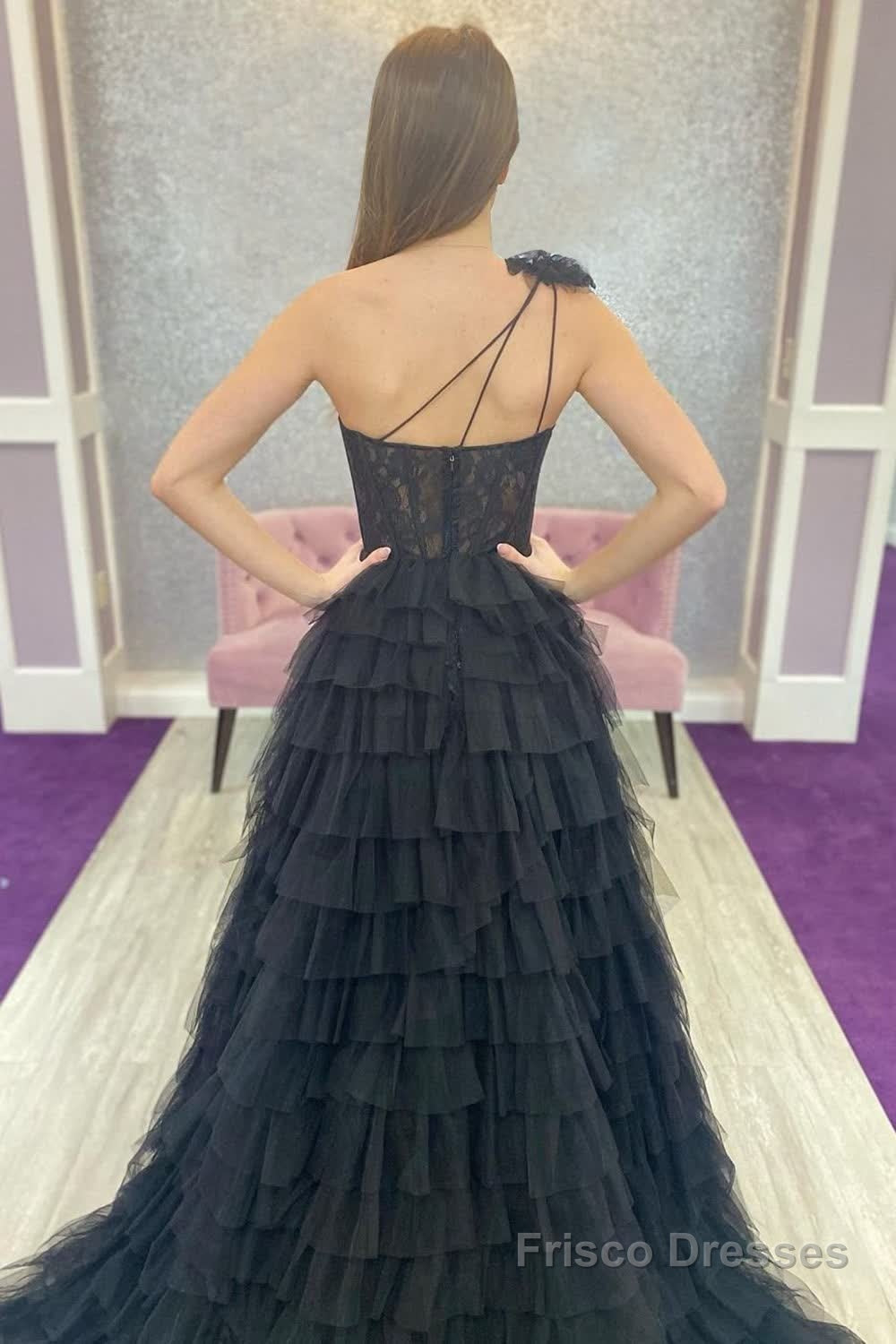 Black One Shoulder Corset Tiered Long Prom Dress with Ruffles Secondary image