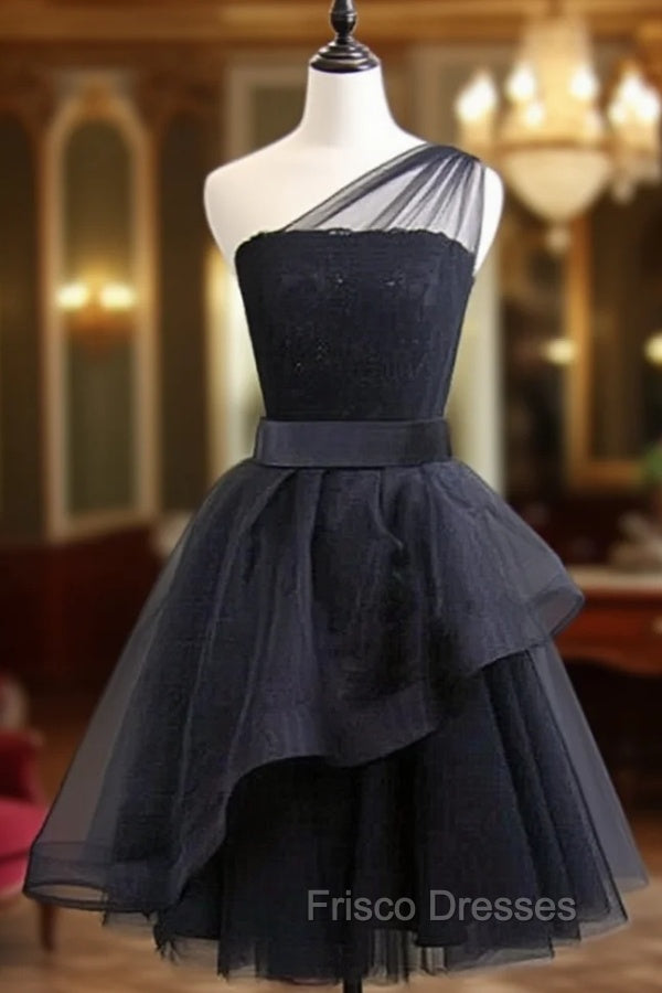 Black One Shoulder Tulle Short Formal Dress, Black Homecoming Dress