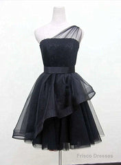 Black One Shoulder Tulle Short Formal Dress, Black Homecoming Dress