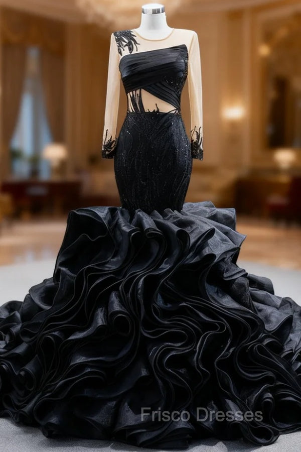 Black Organza Mermaid Long Sleeve Beading Formal Prom Dress
