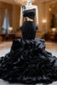 Black Organza Mermaid Long Sleeve Beading Formal Prom Dress