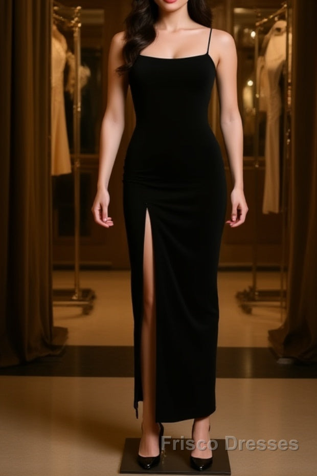 Black Party Dresses, Gorgeous Spaghetti-Straps Mermaid Formal Prom Dresses Long With Split Evening gowns