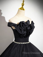 Black Pleated Long A-Line Party Gown With Rhinestone Sash, Elegant Off The Shoulder Formal Dress