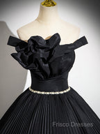 Black Pleated Long A-Line Party Gown With Rhinestone Sash, Elegant Off The Shoulder Formal Dress
