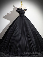 Black Pleated Long A-Line Party Gown With Rhinestone Sash, Elegant Off The Shoulder Formal Dress