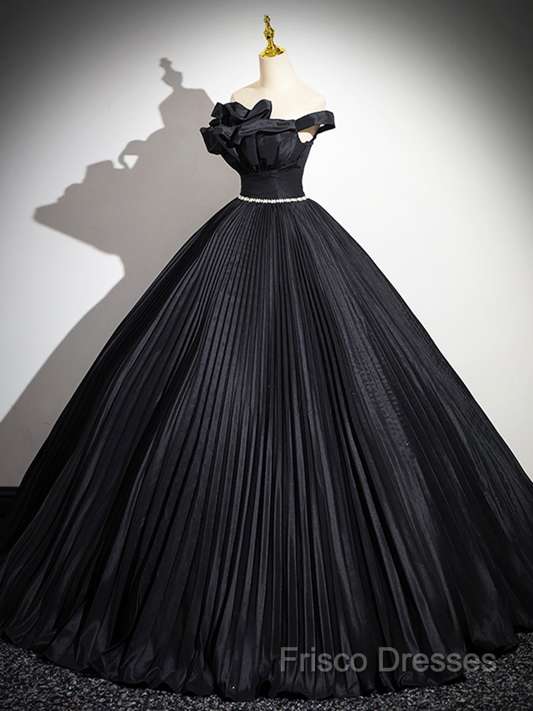 Black Pleated Long A-Line Party Gown With Rhinestone Sash, Elegant Off The Shoulder Formal Dress