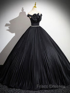 Black Pleated Long A-Line Party Gown With Rhinestone Sash, Elegant Off The Shoulder Formal Dress