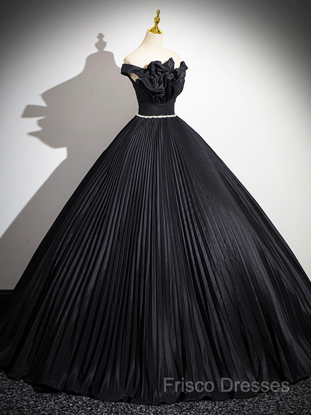 Black Pleated Long A-Line Party Gown With Rhinestone Sash, Elegant Off The Shoulder Formal Dress