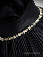 Black Pleated Long A-Line Party Gown With Rhinestone Sash, Elegant Off The Shoulder Formal Dress