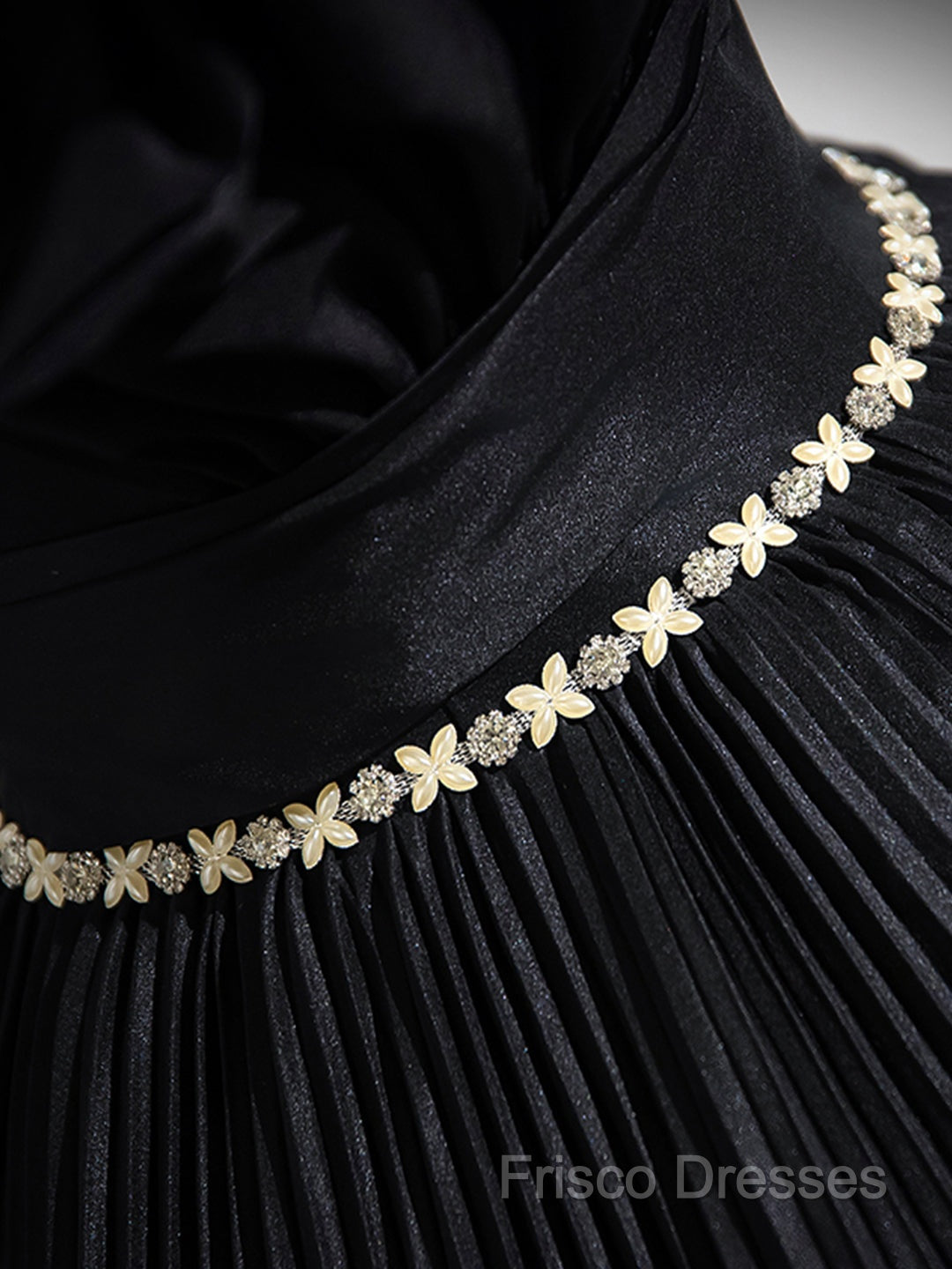 Black Pleated Long A-Line Party Gown With Rhinestone Sash, Elegant Off The Shoulder Formal Dress