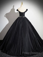 Black Pleated Long A-Line Party Gown With Rhinestone Sash, Elegant Off The Shoulder Formal Dress