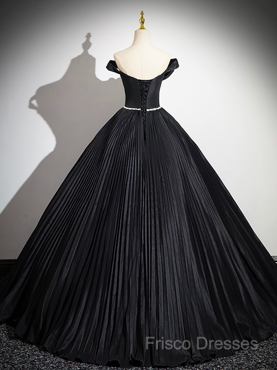 Black Pleated Long A-Line Party Gown With Rhinestone Sash, Elegant Off The Shoulder Formal Dress