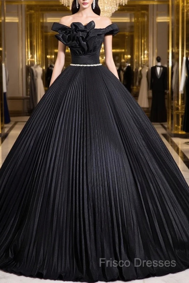 Black Pleated Long A-Line Party Gown With Rhinestone Sash, Elegant Off The Shoulder Formal Dress