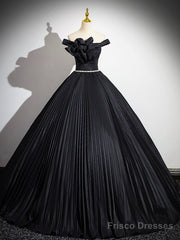 Black Pleated Long A-Line Party Gown With Rhinestone Sash, Elegant Off The Shoulder Formal Evening Dress