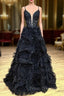 Black Plunge V Spaghetti Strap Ruffle Tiered Long Gown