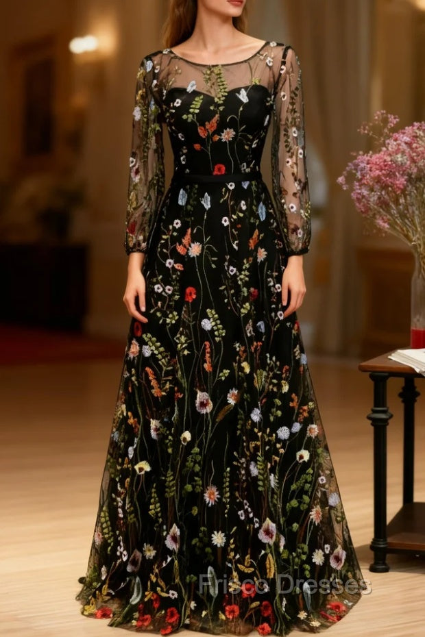 Black Print Long Sleeve Formal Prom Dress Main image