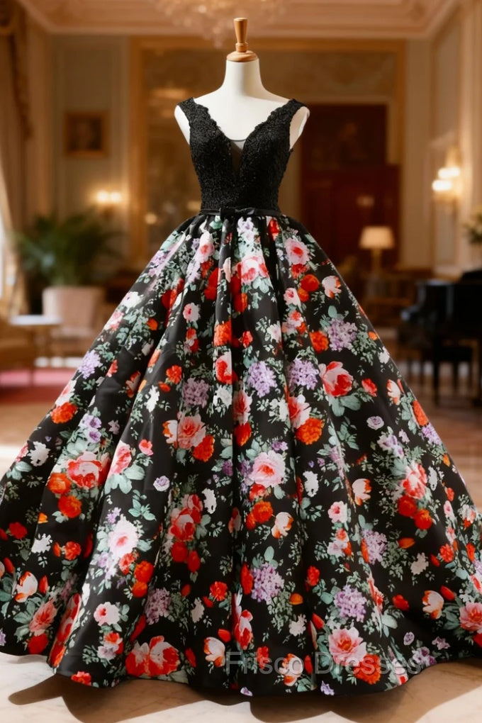Black Print Satin Lace V-neck Backless Floor Length Wedding Dress