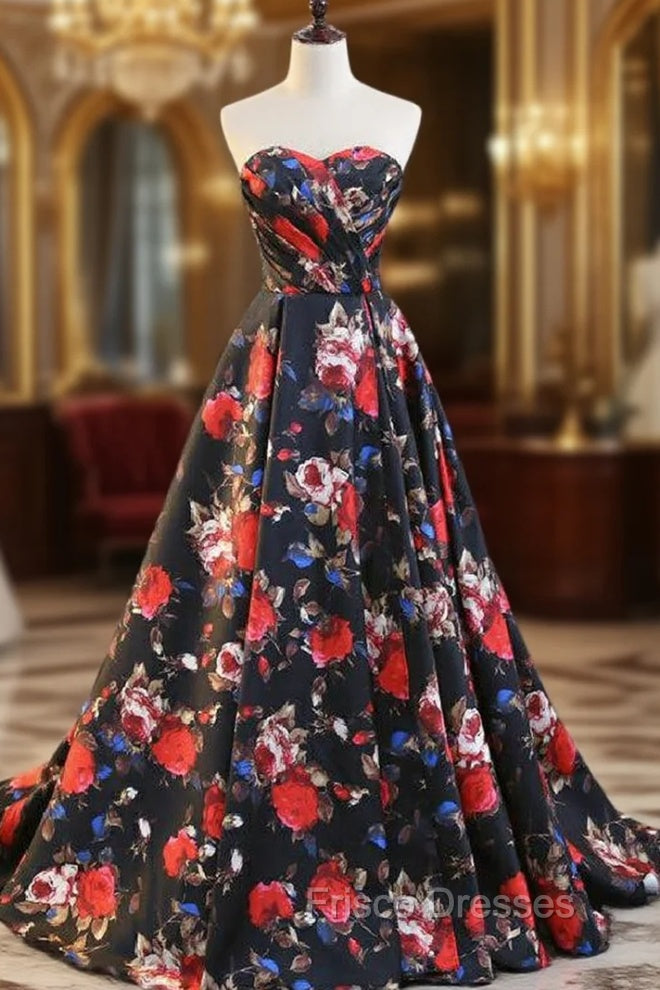 Black Print Satin Sweethearth Formal Prom Dress With Split Main image