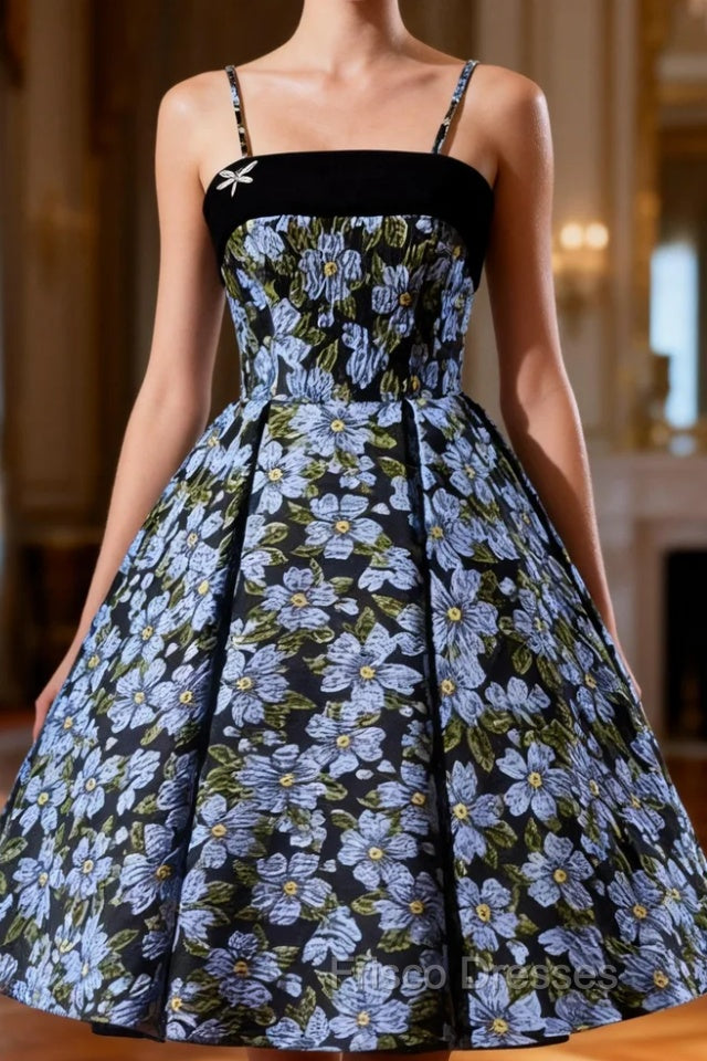 Black Print Spaghetti Straps Homecoming Dress Main image