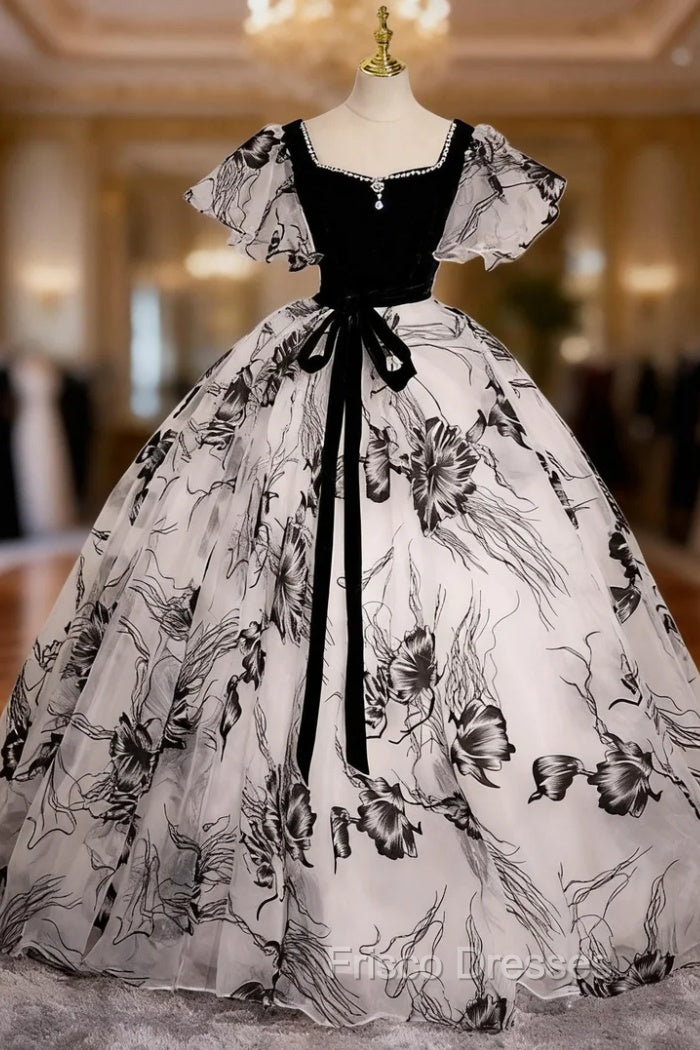 Black Print Velvet Square Quinceanera Dress Main image