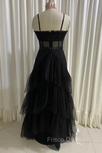 Black Formal Prom Dress, Elegant A-line Layered Tulle Formal Prom Dress,Sheer Corset Long Evening Dress