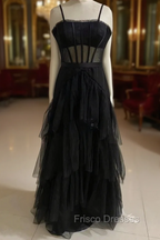 Black Formal Prom Dress, Elegant A-line Layered Tulle Formal Prom Dress,Sheer Corset Long Evening Dress