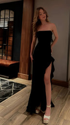 Black Prom Dress, Strapless Evening Dress, Split Party Dress