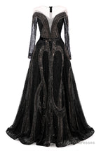Black Prom Dresses A-line Heavily Beading Long Sleeves Women Evening Dresses