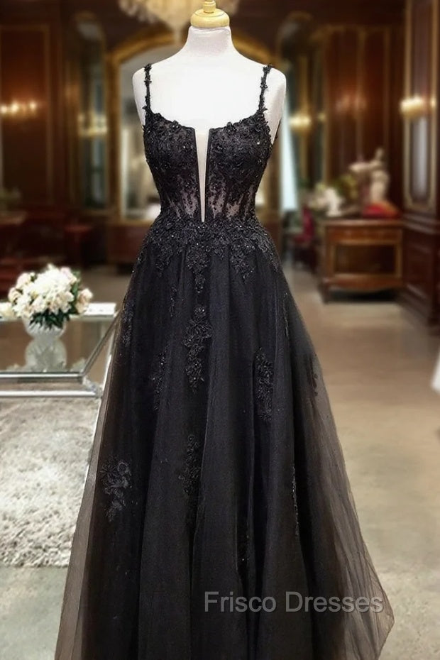 Black Formal Prom Dress, A-line Square Neckline Spaghetti Straps Long/Floor-Length Tulle Formal Prom Dress With Glitter Beading Appliqued Main image