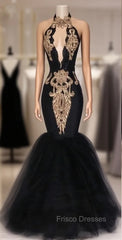 Black Formal Prom Dress Mermaid Halter Tulle Appliques Dubai Saudi Arabic Long Robe De Soiree Formal Prom Gown Evening Dress