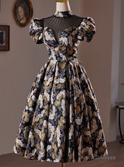 Black Puff Sleeve High Neck Backless Homecoming Dress