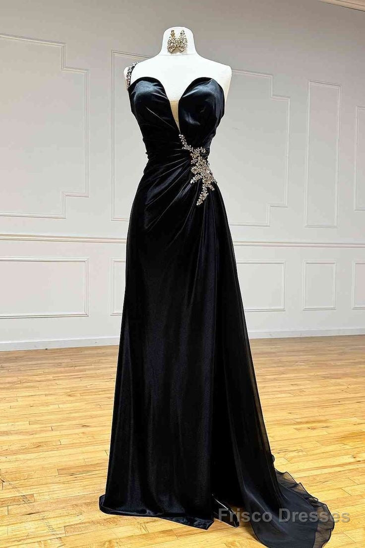 Black Rhinestone One Shoulder A Line Prom Dress With Slit Main image