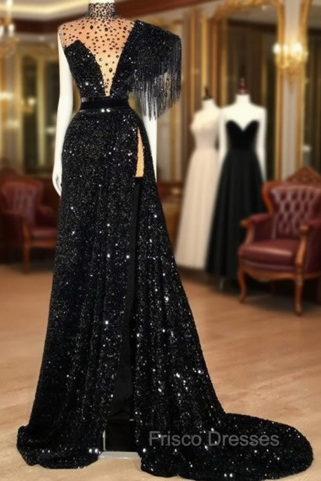 Black Robe De Soiree A-Line High Collar Sequins Sparkle Beaded Slit Sexy Long Formal Prom Dress Formal Prom Gown Evening Dress Main image