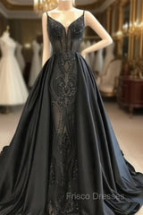 Black Robe De Soiree A-Line Spaghetti Straps Appliques Long Formal Prom Dress Formal Prom Gown Evening Dress