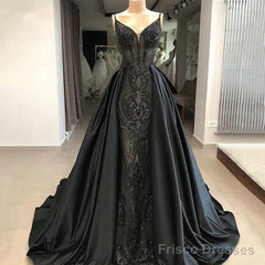 Black Robe De Soiree A-Line Spaghetti Straps Appliques Long Prom Dresses Prom Gown Evening Dresses