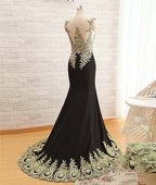 Black Round Neck Lace Applique Long Formal Prom Dress, Black Formal Dress