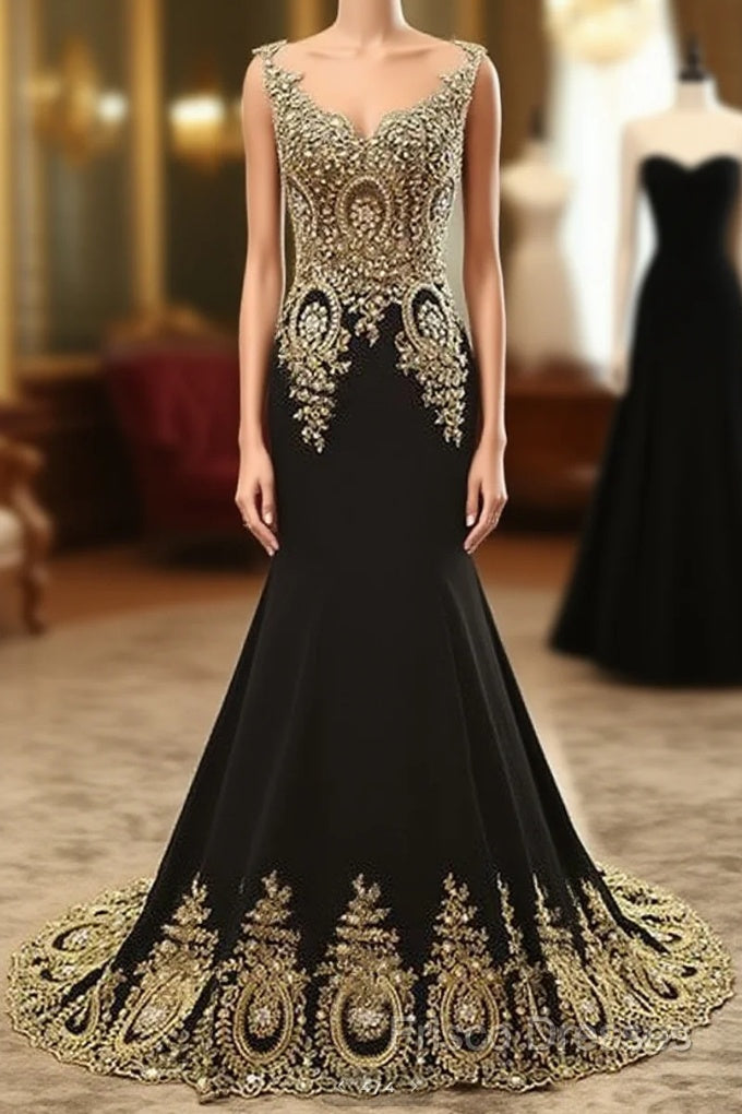 Black Round Neck Lace Applique Long Formal Prom Dress, Black Formal Dress Main image