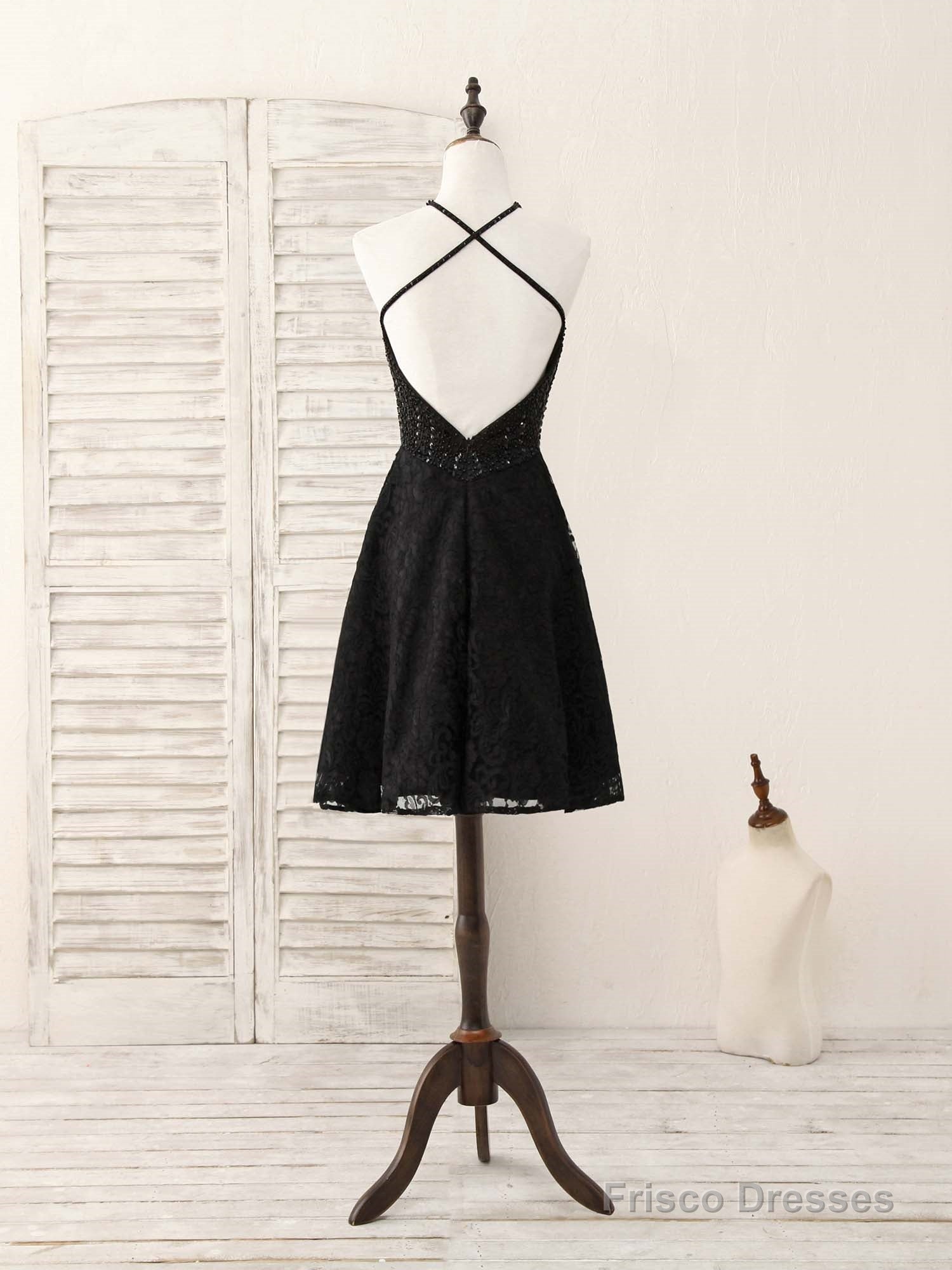 Black Round Neck Lace Beads Short Prom Dress, Black Homecoming Dress