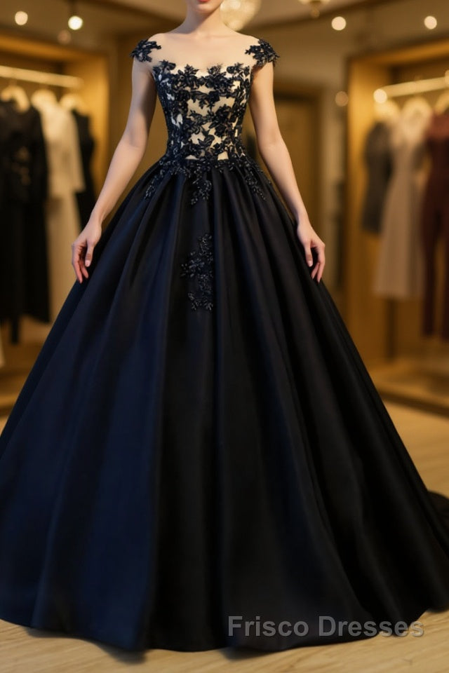 Black round neck satin long Formal Prom gown, black evening Dresses Main image