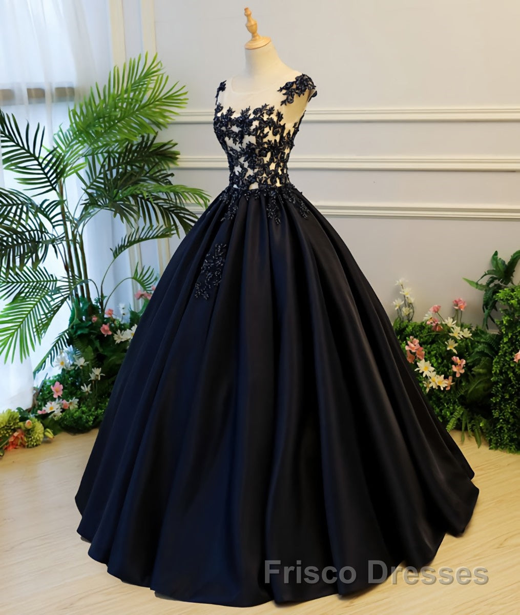 Black round neck satin long Formal Prom gown, black evening Dresses