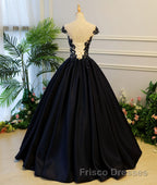 Black round neck satin long Formal Prom gown, black evening Dresses