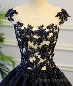 Black round neck satin long Formal Prom gown, black evening Dresses
